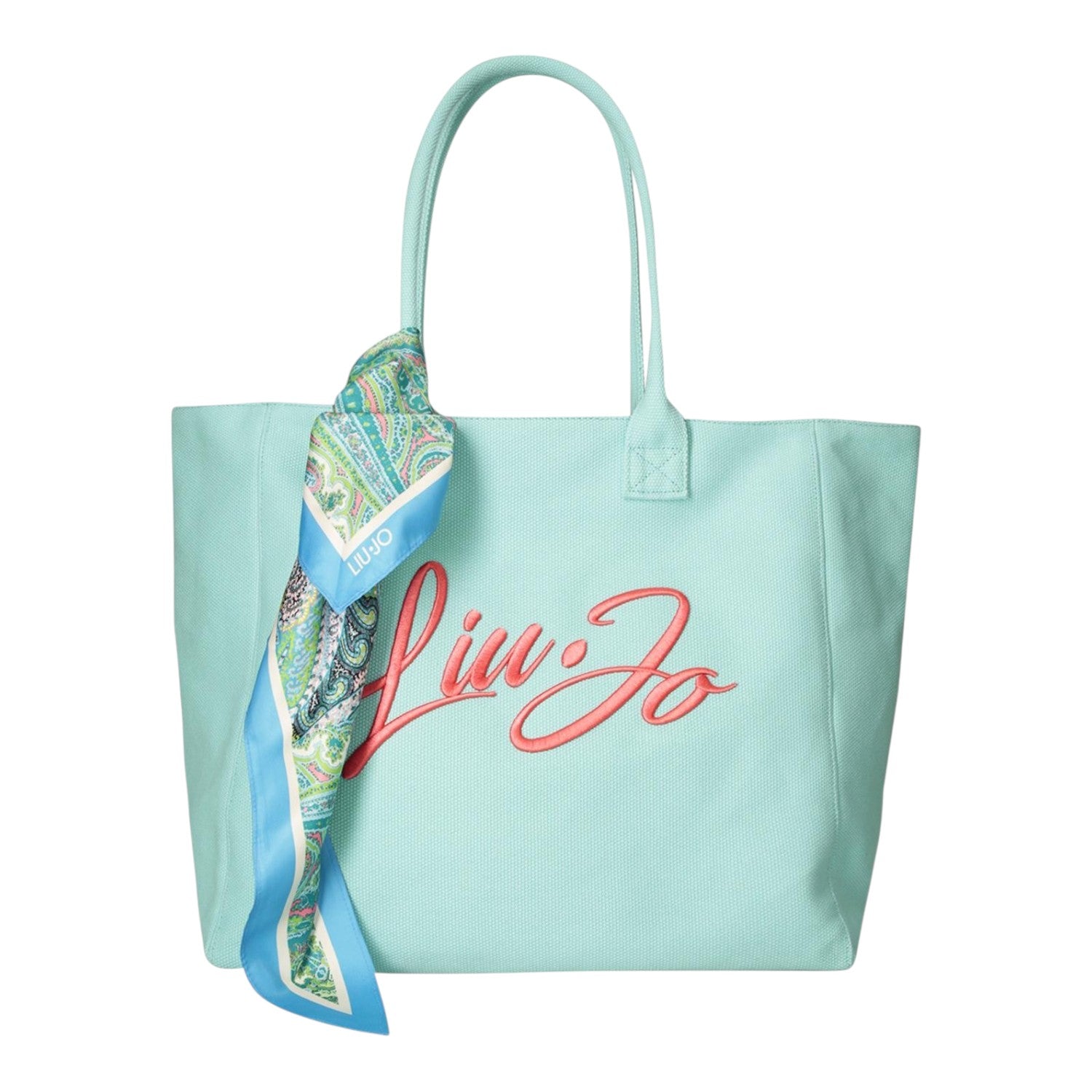 Lieblingstasche light blue canvas Tote L bag with embroidered logo and decorative paisley print scarf