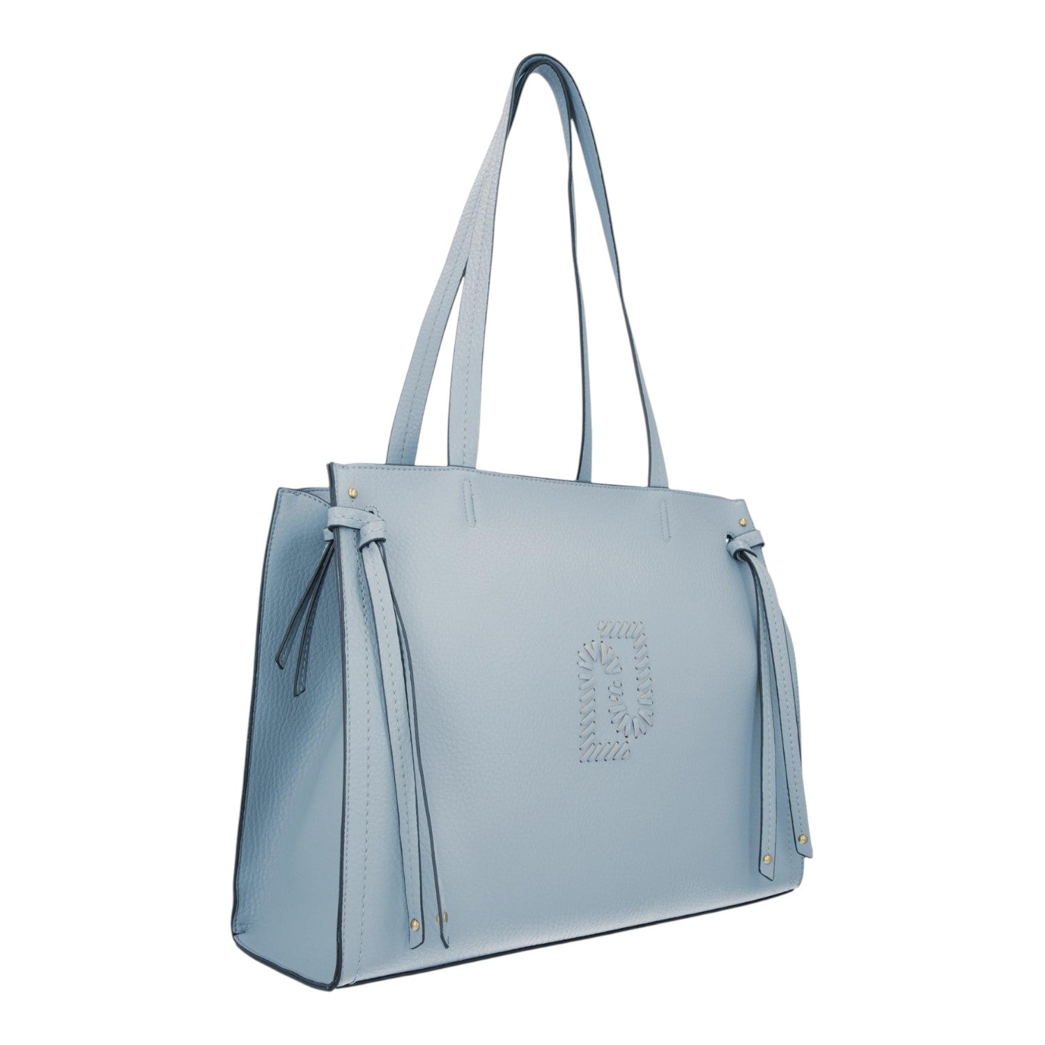 Lieblingstasche Tote L in light blue pebbled leather with side tie details and a decorative stitched logo