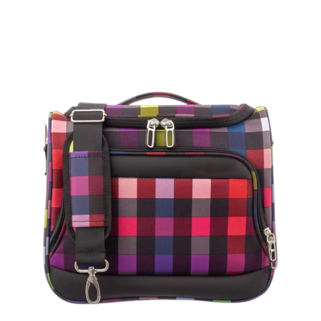 Lieblingstasche Lightstyler beauty case featuring a vibrant multi-colored checkered pattern and shoulder strap.