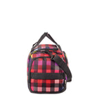 Lieblingstasche Lightstyler Duffle L in a vibrant red and black checkered pattern with black straps and side view