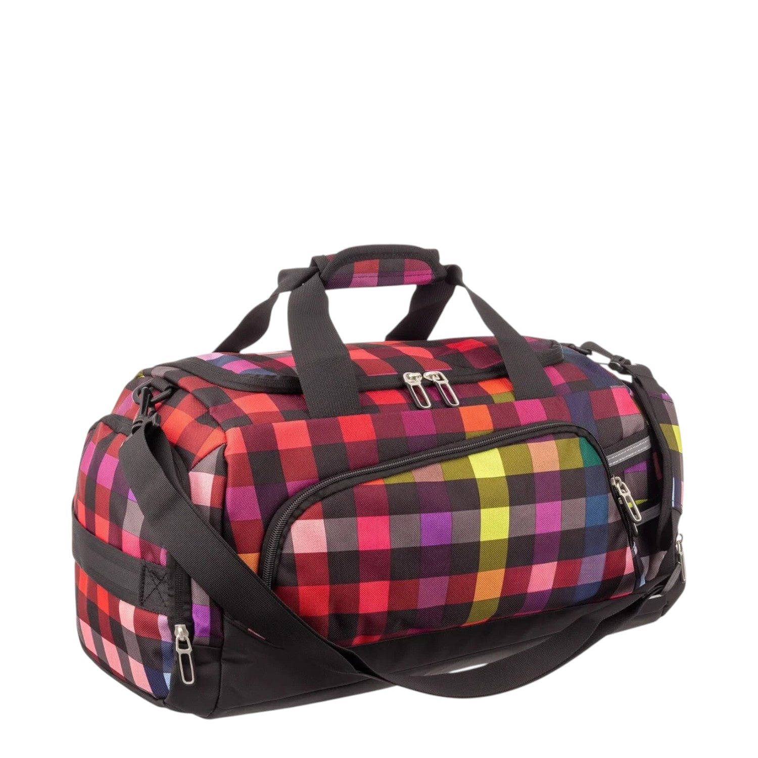Lieblingstasche Lightstyler Duffle L bag in a vibrant multi-colored plaid pattern with black accents and zippers.