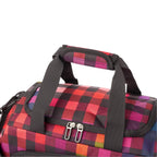 Lieblingstasche Lightstyler Duffle L bag featuring a vibrant red and purple plaid pattern with black carry handles