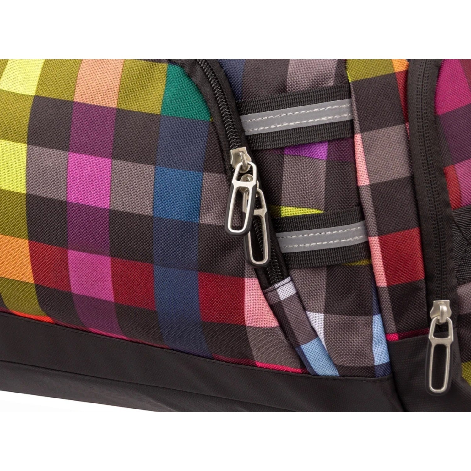 Lieblingstasche Lightstyler Duffle L bag featuring a vibrant multi-colored plaid pattern and reflective details.