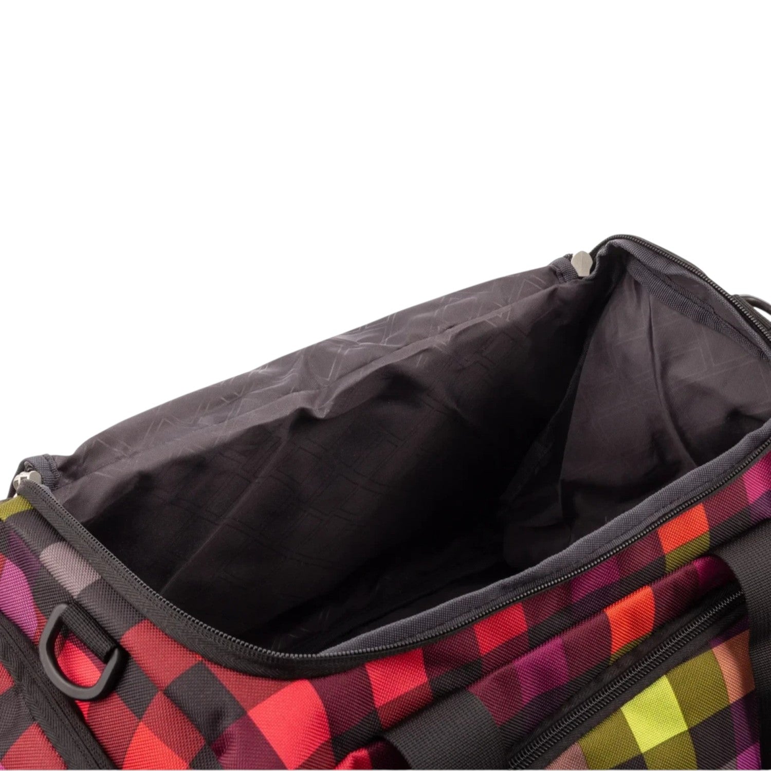 Lieblingstasche Lightstyler Duffle L bag featuring a vibrant red, purple, and yellow plaid pattern with black lining.