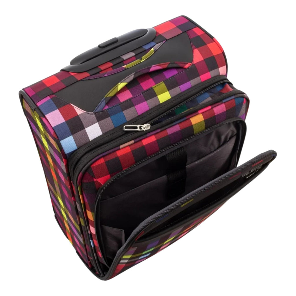 Lieblingstasche Lightstyler cabin spinner suitcase in a vibrant multi-colored plaid pattern with front laptop pocket