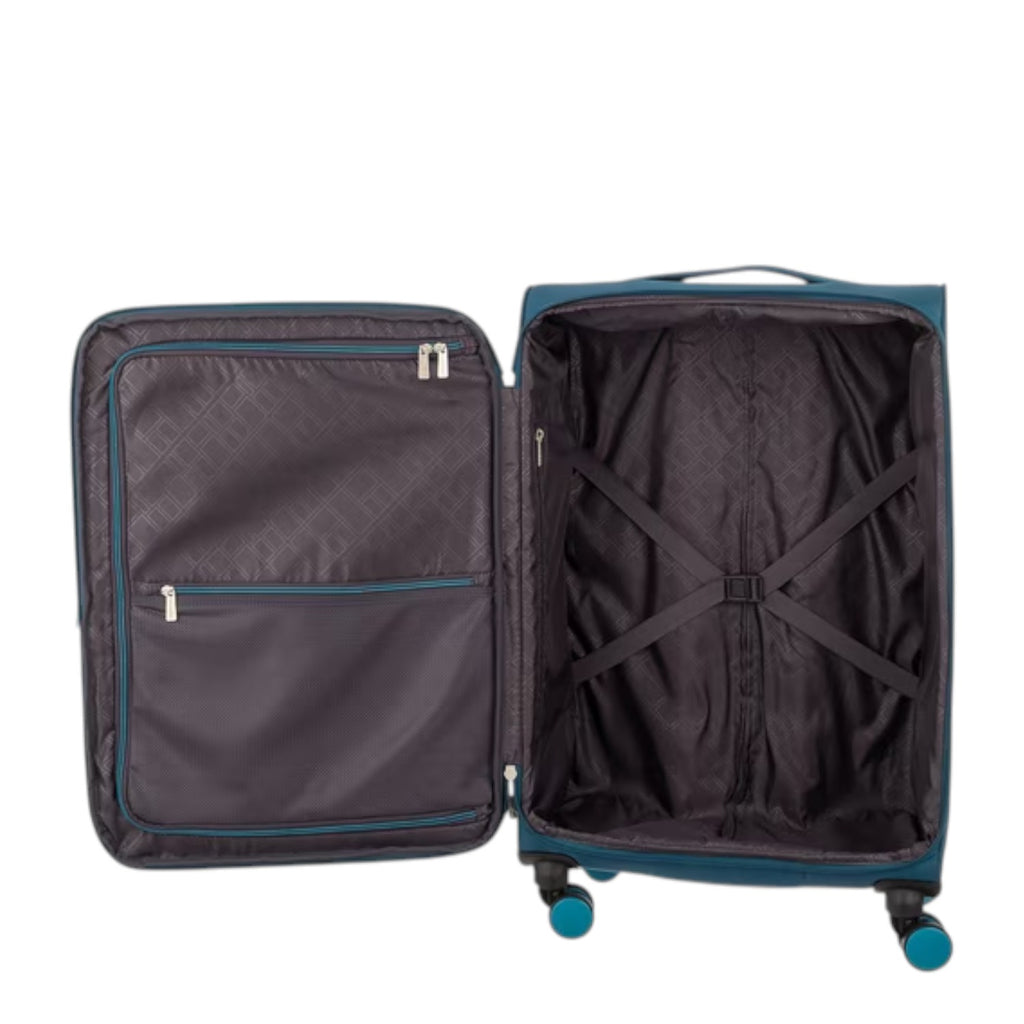 Lieblingstasche Lightstyler Spinner L suitcase interior with dark grey lining, zippered pockets, and packing straps.