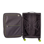 Lieblingstasche Lightstyler Spinner L suitcase interior with black lining, zipper pockets, and green wheel accents.