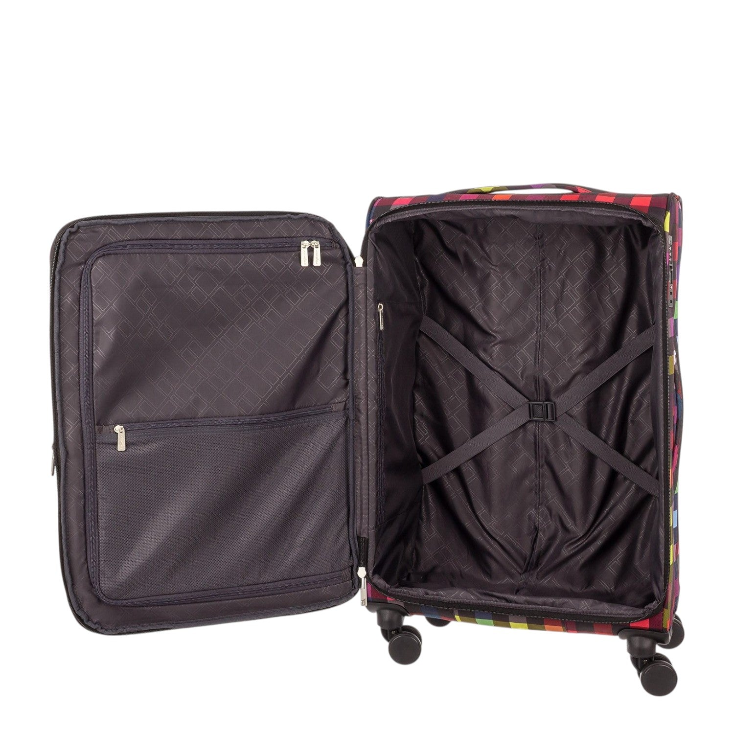 Lieblingstasche Lightstyler Spinner L suitcase interior with black lining, mesh pockets, and cross-straps.