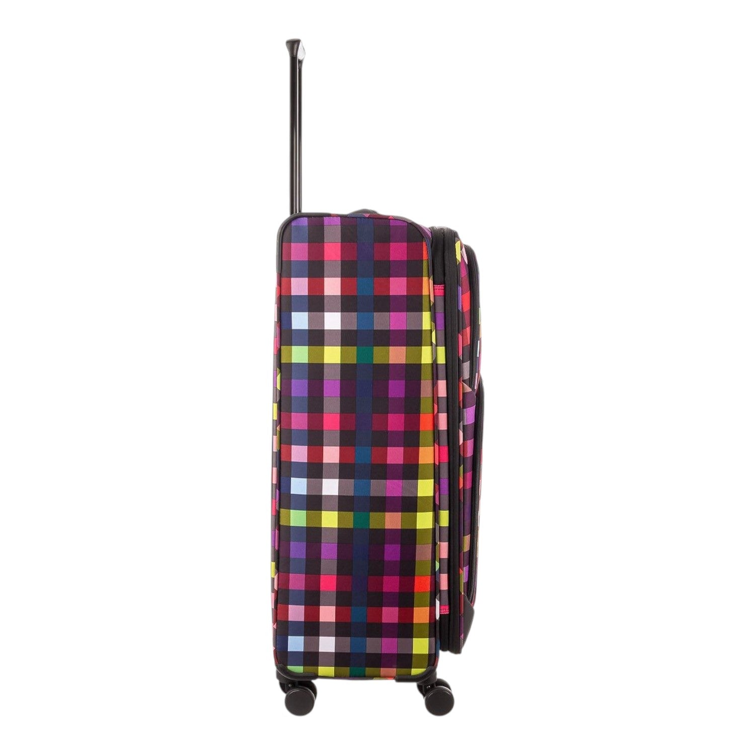 Lieblingstasche Lightstyler Spinner L suitcase in a vibrant multi-colored plaid pattern with a side view