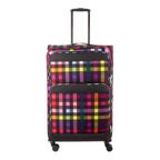 Lieblingstasche Lightstyler Spinner L suitcase featuring a vibrant multi-colored plaid pattern and black trim.