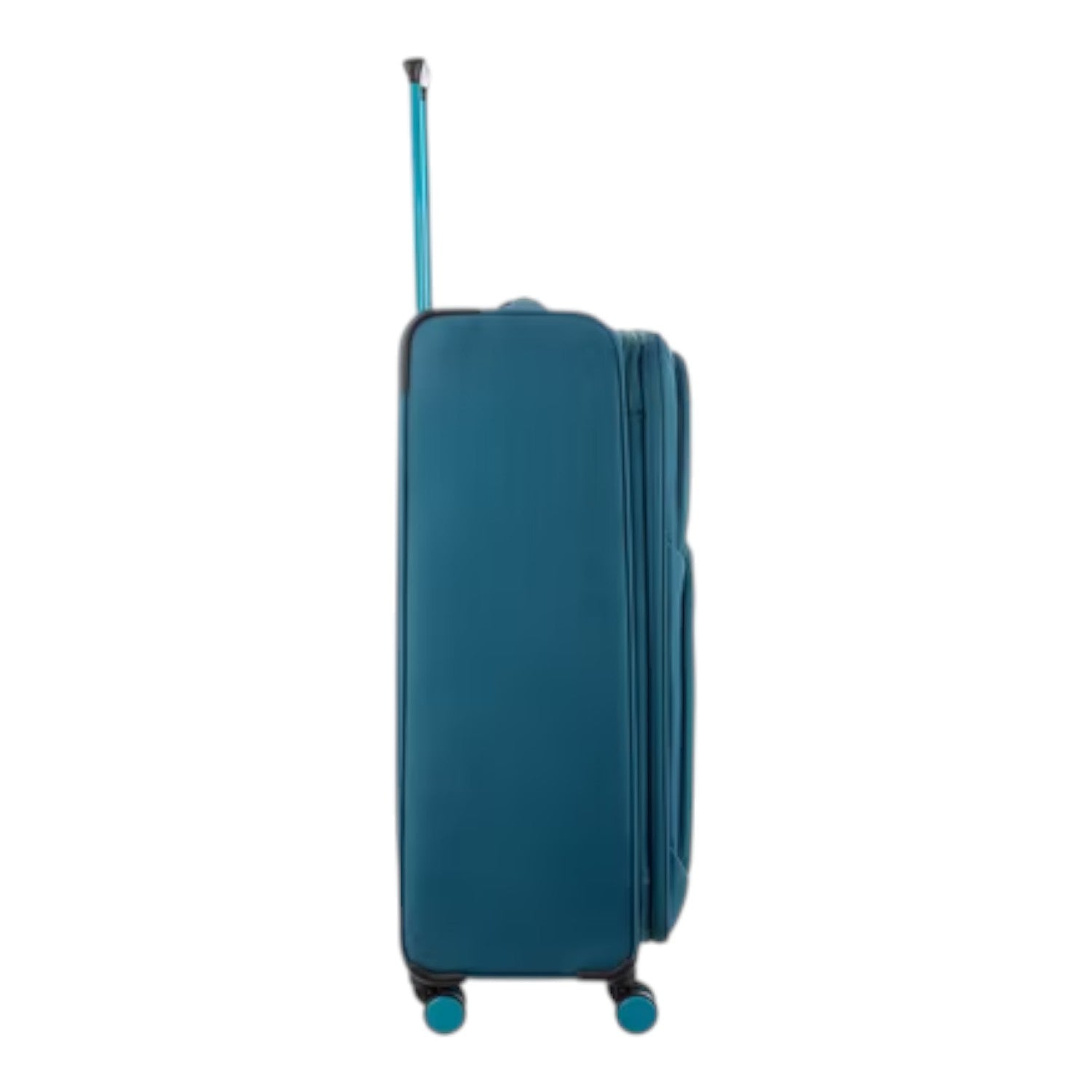 Lieblingstasche Lightstyler Spinner L suitcase in teal blue, side view with extended telescopic handle and wheels