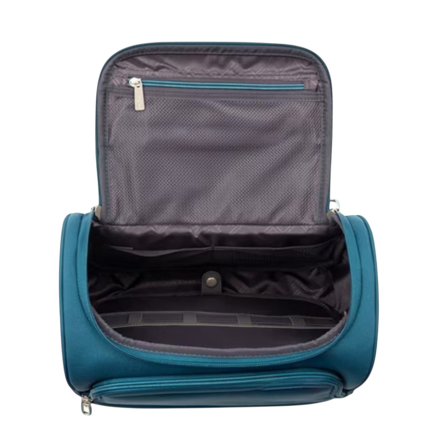 Lieblingstasche Lightstyler beauty case in teal with an open top, interior mesh pockets, and organized compartments.