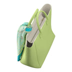 Lieblingstasche Tote L in lime green canvas with a decorative teal and gold patterned silk scarf attached.