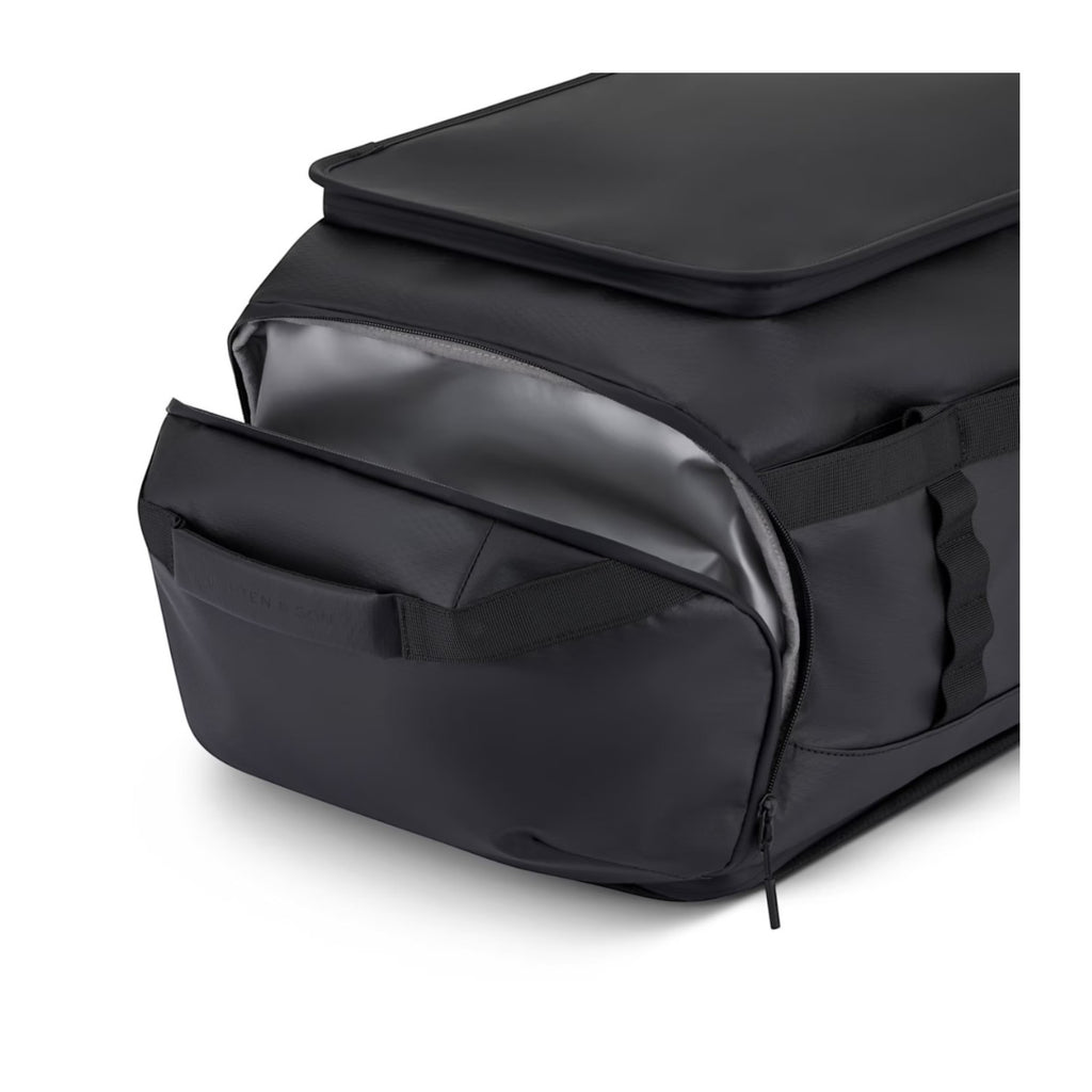 Lieblingstasche Lisbon Duffle Backpack L in black with a partially open side compartment and durable zipper detail