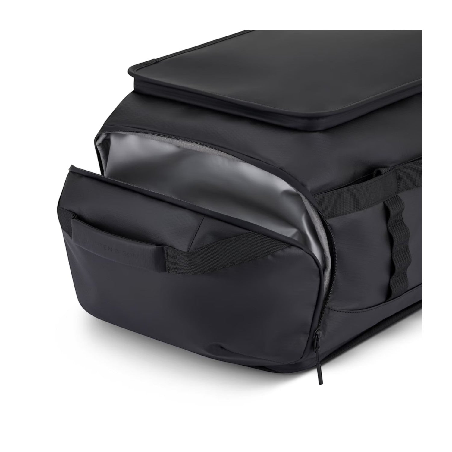 Lieblingstasche Lisbon Duffle Backpack L in black with a partially open side compartment and durable zipper detail