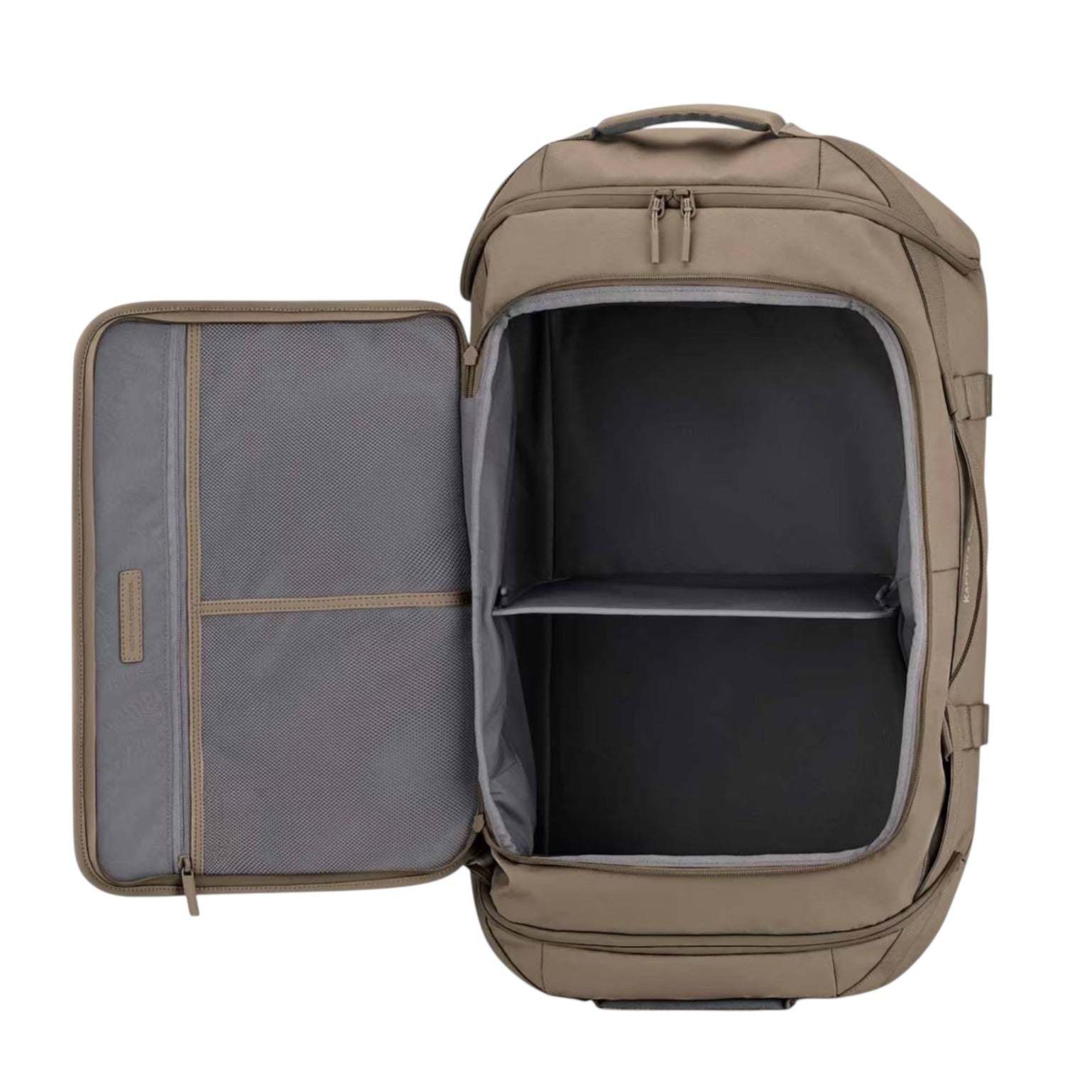 Lieblingstasche Lisbon Duffle Backpack L in beige with open main compartment, internal divider, and mesh pocket.