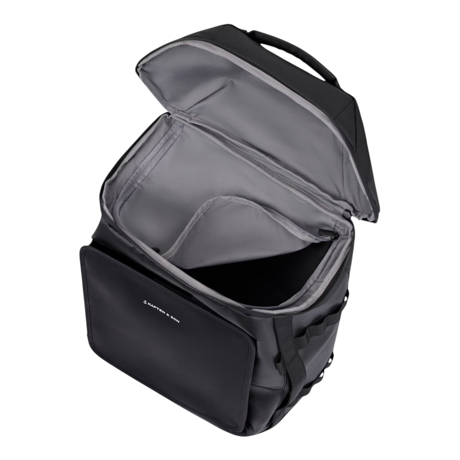 Lieblingstasche Lisbon Duffle Backpack L in black with a wide-opening main compartment and grey interior lining