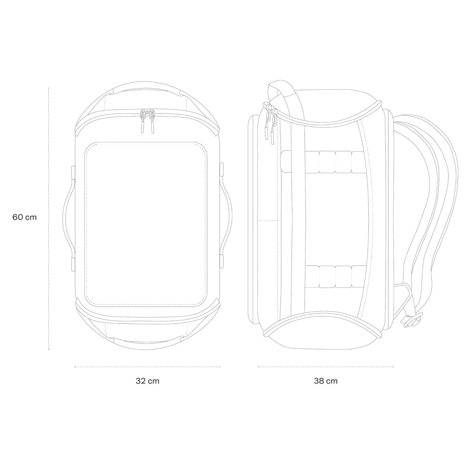 Lieblingstasche Lisbon Duffle Backpack L technical line drawing showing front and side dimensions of 60cm by 38cm.