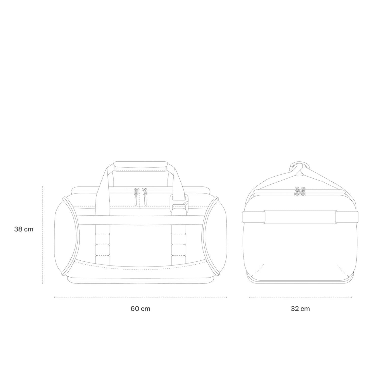 Lieblingstasche Lisbon Duffle Backpack L technical line drawing showing front and side dimensions
