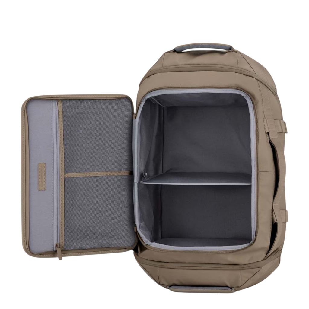 Lieblingstasche Lisbon Duffle Backpack M in beige with open main compartment, internal divider, and mesh pockets.