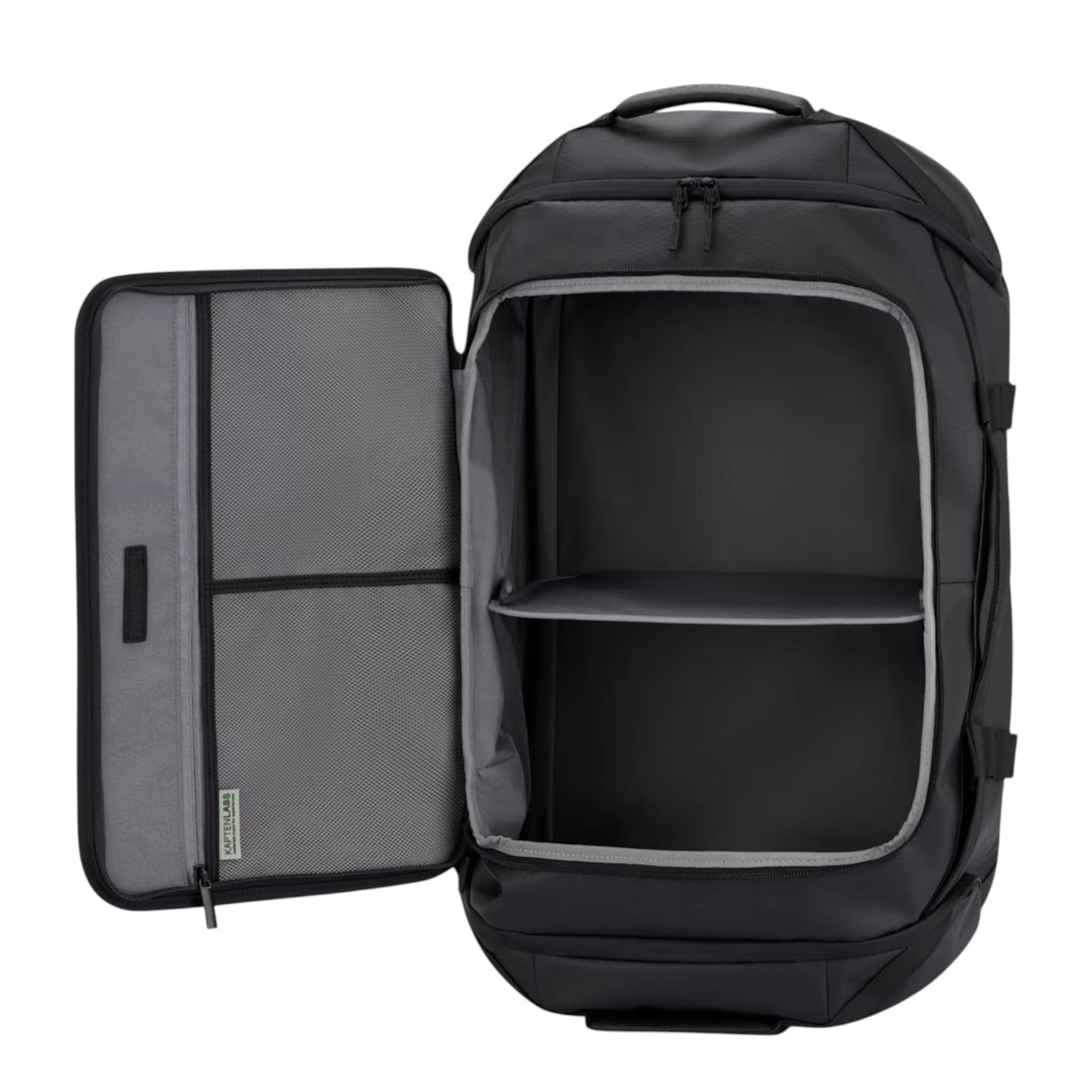 Lieblingstasche Lisbon Duffle Backpack L in black with open main compartment, internal shelf, and mesh pockets.