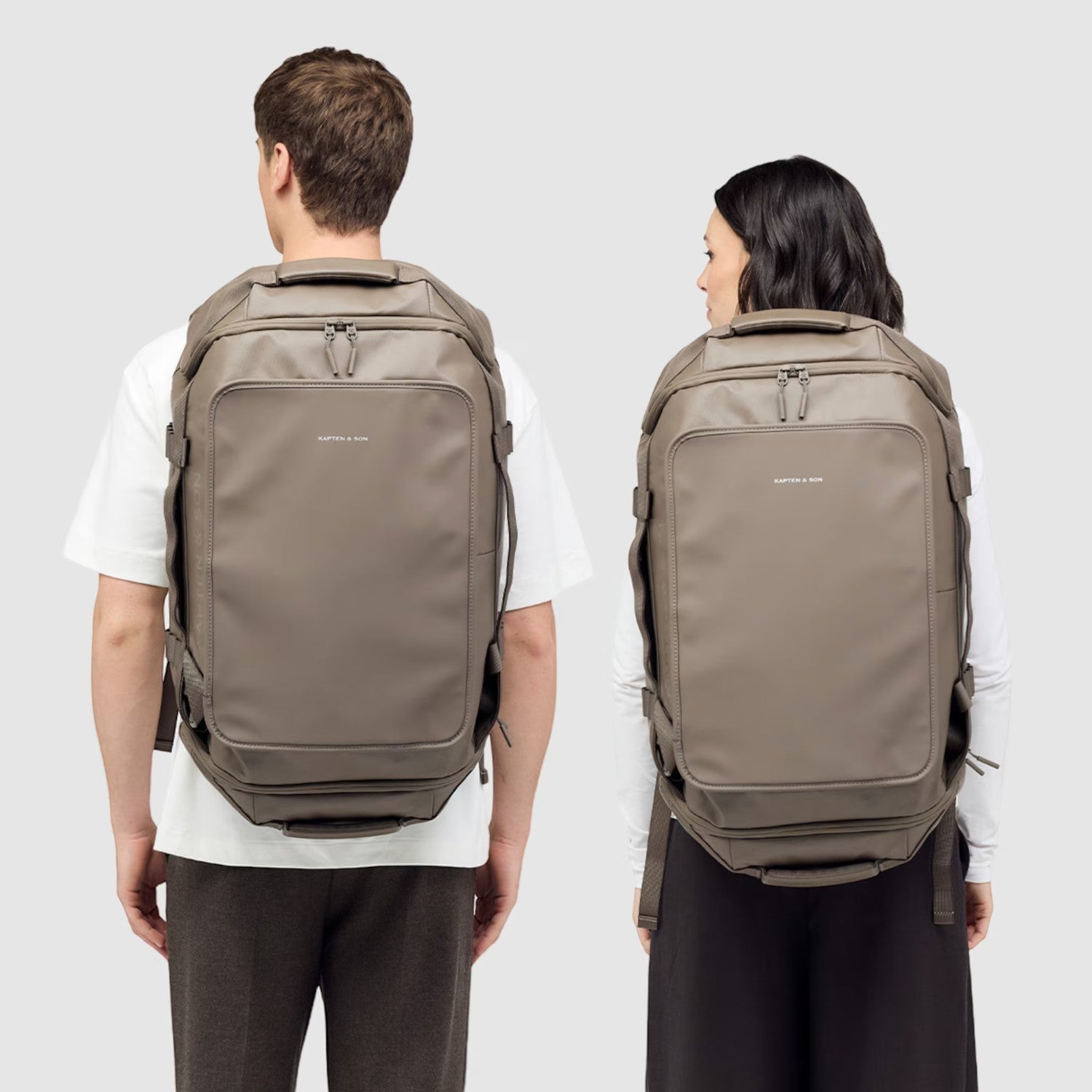 Lieblingstasche Lisbon Duffle Backpack L in taupe worn by a man and woman, showing a versatile travel bag design.