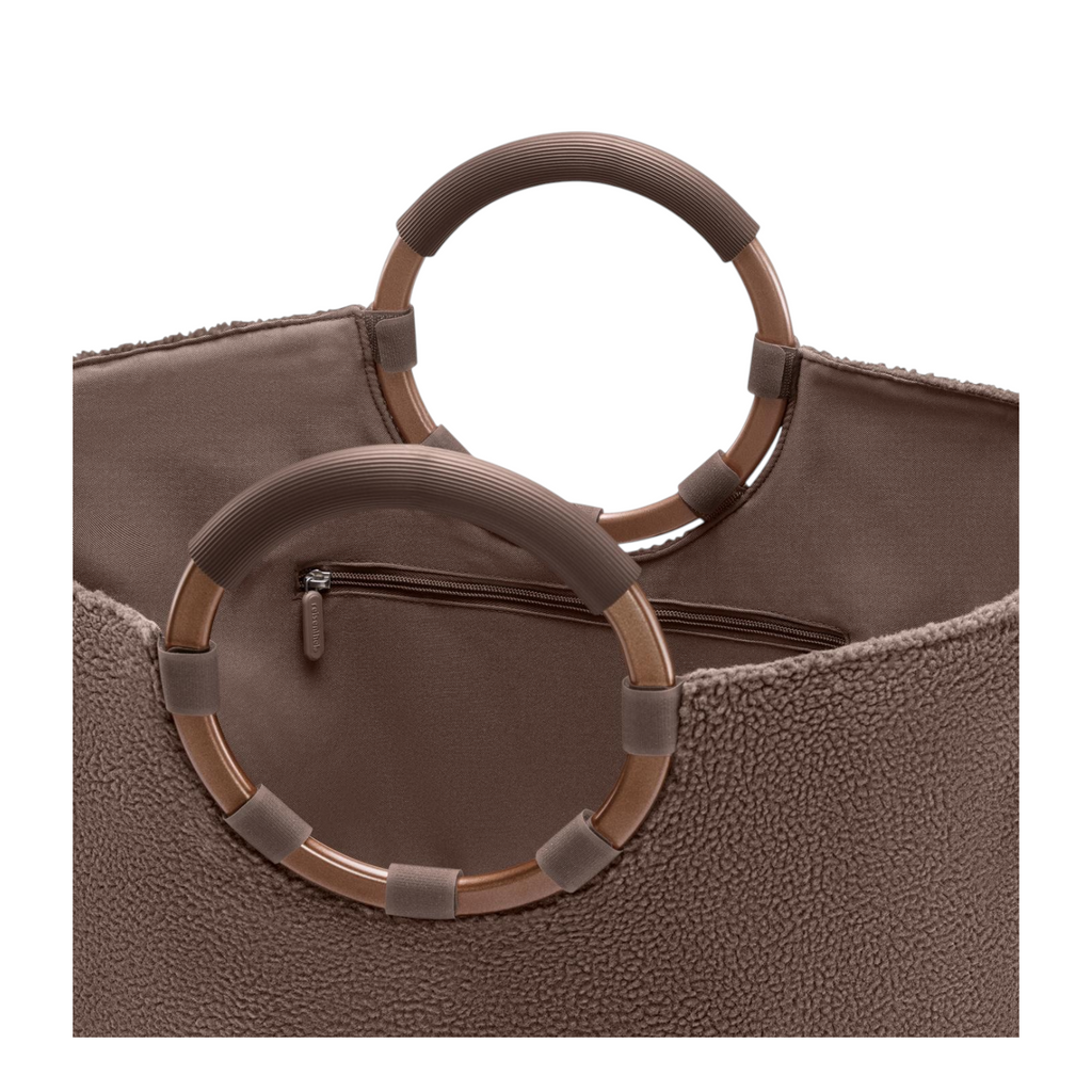 Lieblingstasche Loopbag Hobo in brown teddy fleece with distinctive round metallic handles and interior zip pocket