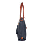 Lieblingstasche Lucia L navy blue leather tote bag with tan leather straps and tassel detail.