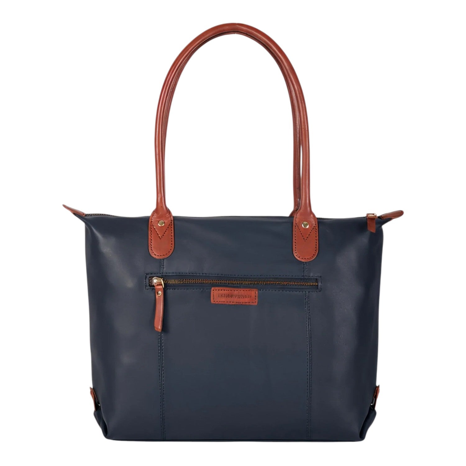 Lieblingstasche Lucia L navy blue leather tote bag with tan leather handles and zip pocket.