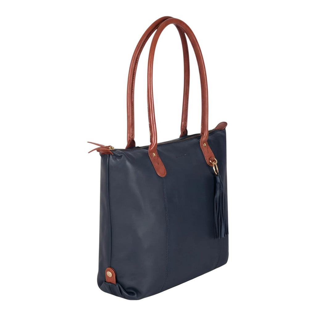 Lieblingstasche Lucia L navy blue leather tote bag with tan leather straps and tassel detail.
