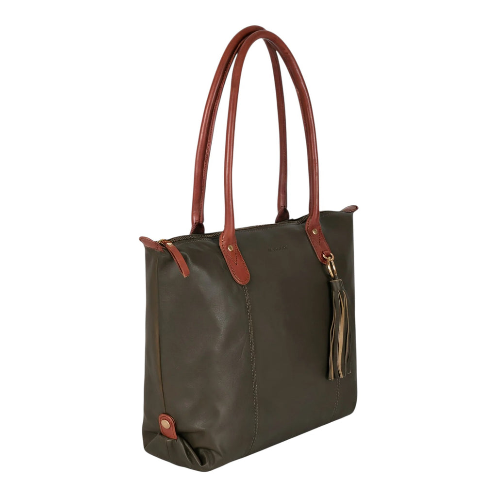 Lieblingstasche Lucia L olive green leather tote bag with brown handles and tassel detail.