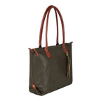 Lieblingstasche Lucia L olive green leather tote bag with brown handles and tassel detail.