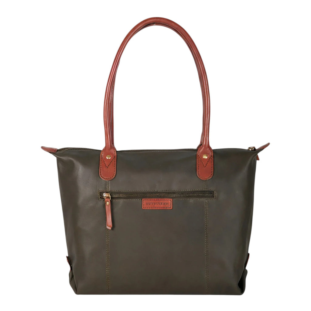 Lieblingstasche Lucia L olive green leather tote bag with brown leather handles and gold-tone hardware.
