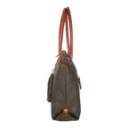 Lieblingstasche Lucia L olive green leather tote bag with tan handles and tassel detail.