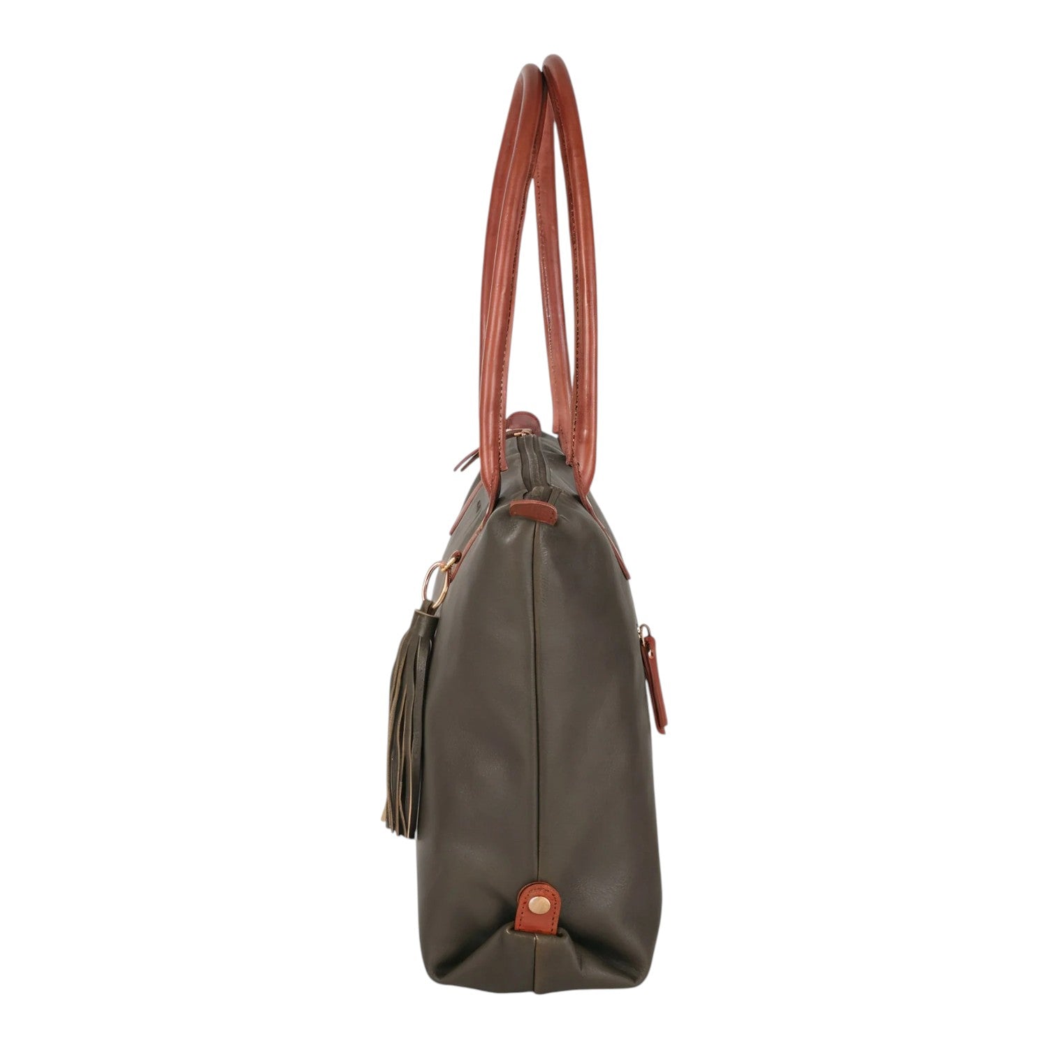 Lieblingstasche Lucia L olive green leather tote bag with tan handles and tassel detail.