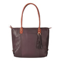 Lieblingstasche Lucia L tote bag in deep plum leather with tan leather straps and tassel detail.