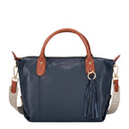 Lieblingstasche Lucia M navy blue leather handbag with tan handles and a tassel detail.