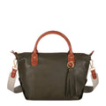 Lieblingstasche Lucia M olive green leather handbag with tan handles and tassel detail.
