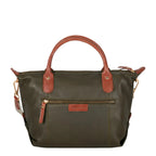 Lieblingstasche Lucia M olive green leather tote bag with tan leather handles and trim, featuring a front zip pocket and gold hardware.