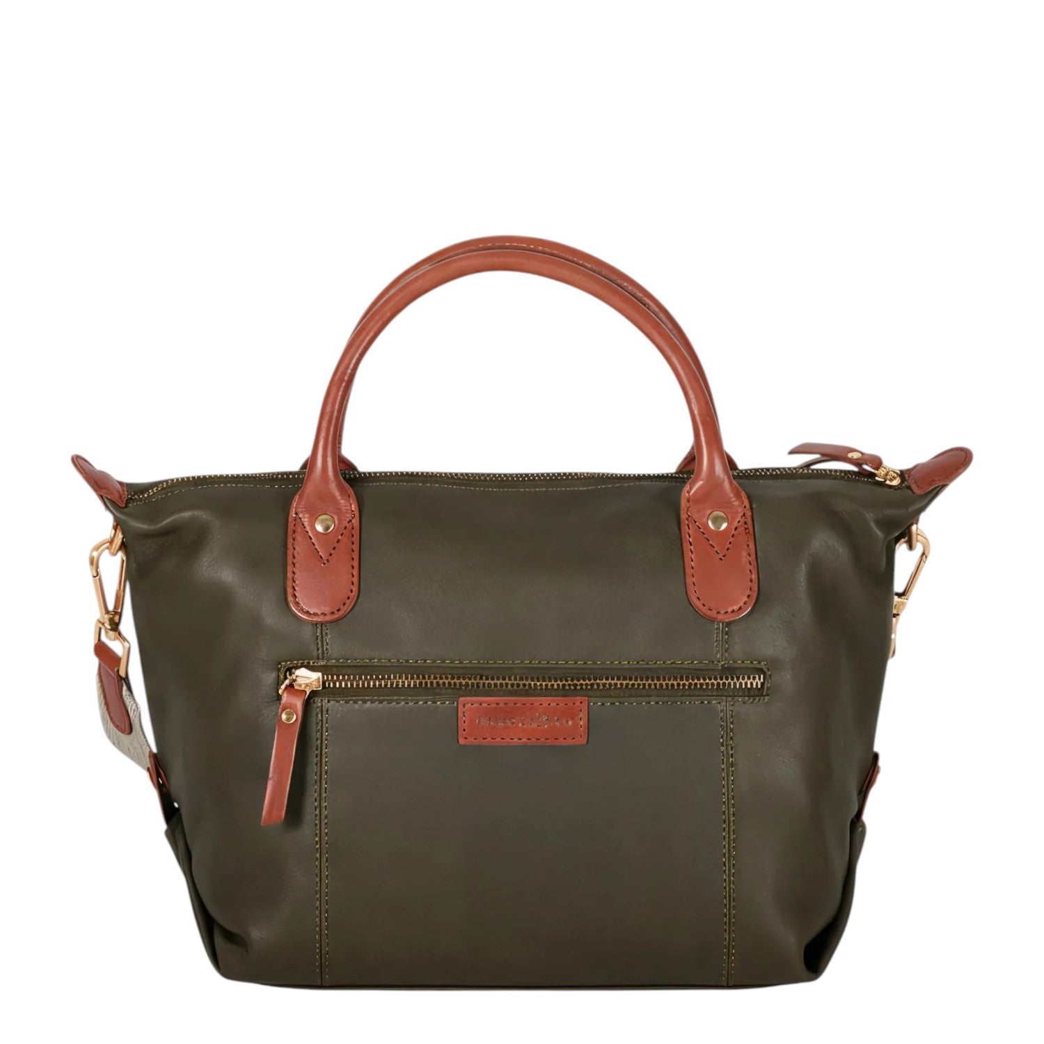 Lieblingstasche Lucia M olive green leather tote bag with tan leather handles and trim, featuring a front zip pocket and gold hardware.