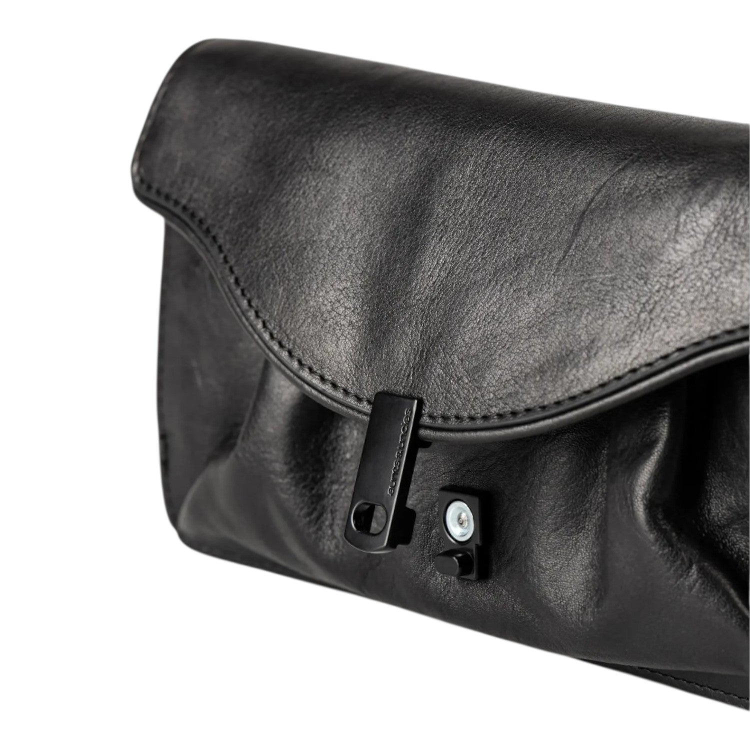 Lieblingstasche Mabel black leather clutch bag with a unique magnetic clasp closure and soft gathered texture