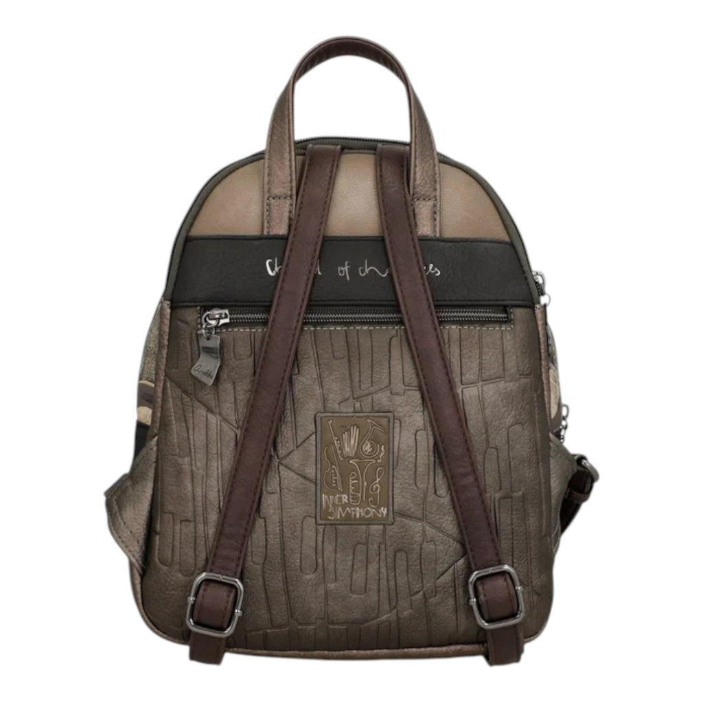 Lieblingstasche metallic bronze backpack with embossed musical instrument patterns and dark brown adjustable straps