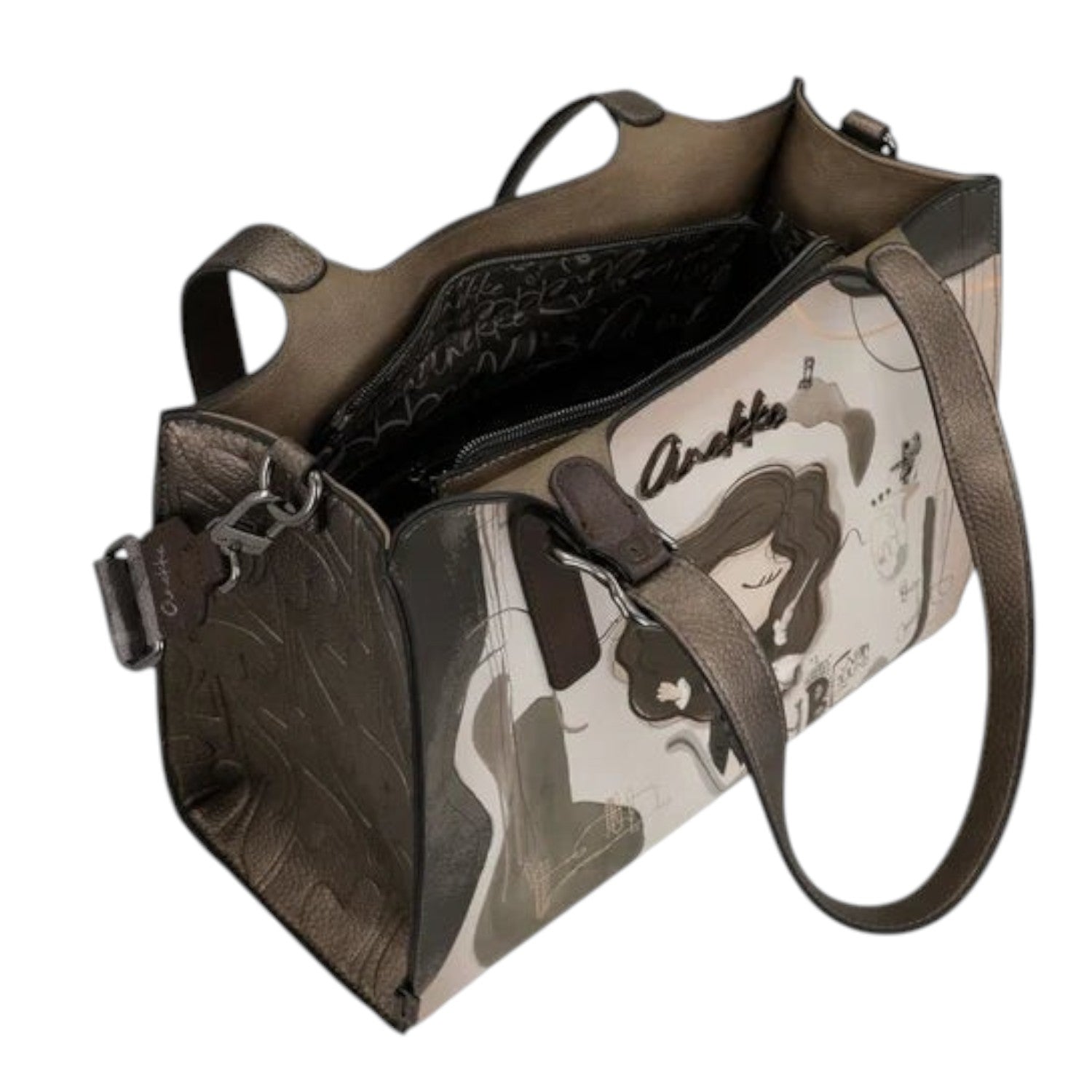 Lieblingstasche shoulder bag featuring a metallic bronze finish, artistic graphic print, and dual carry handles.