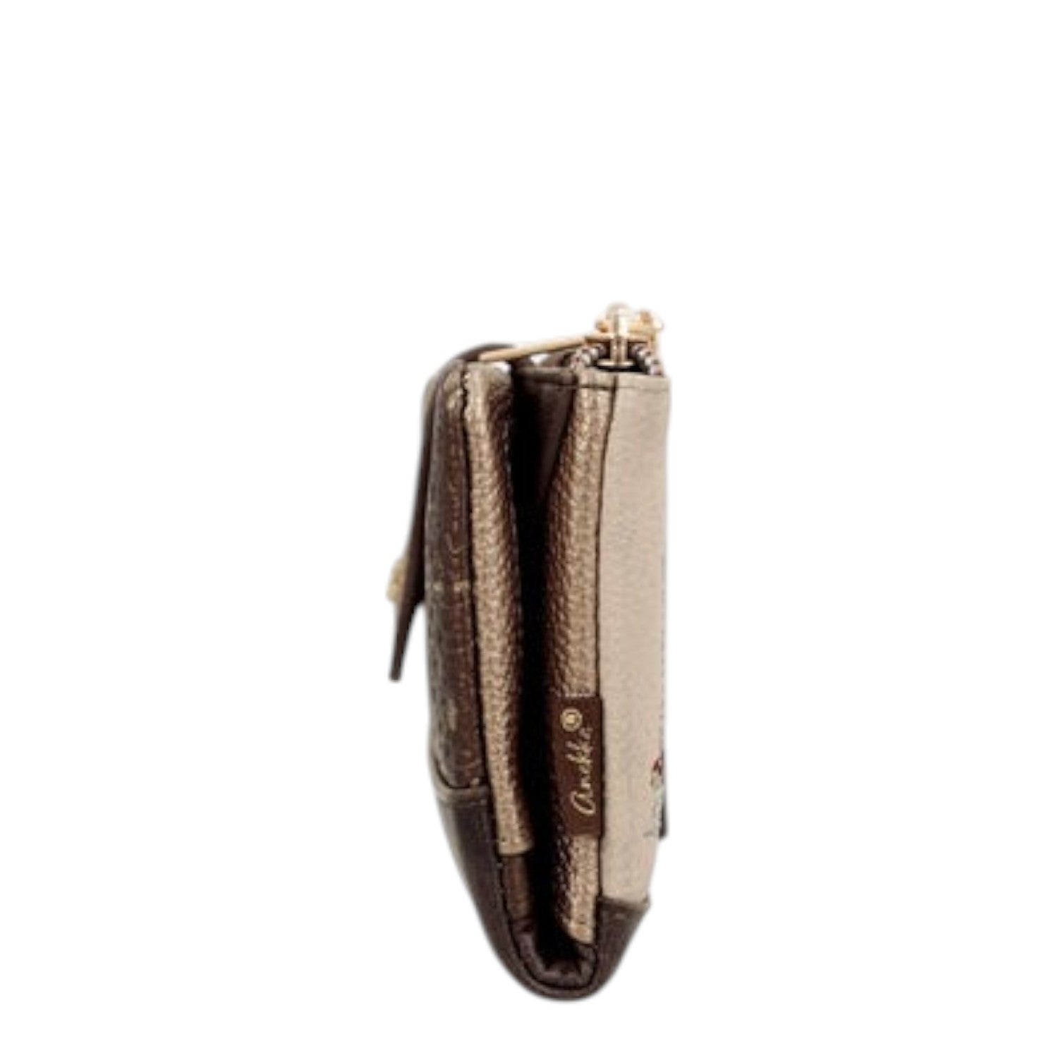 Lieblingstasche metallic bronze wallet with side view showing zipper closure and textured finish