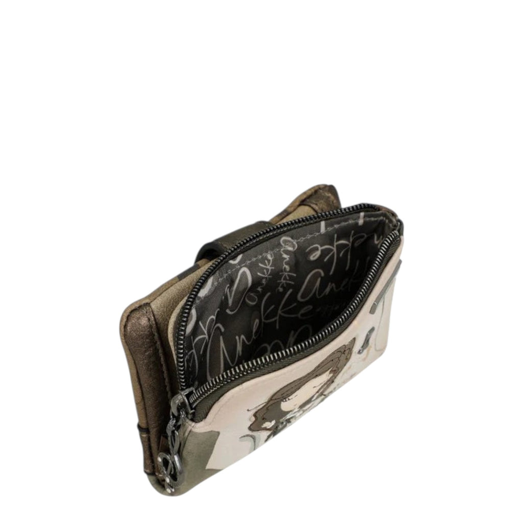 Lieblingstasche wallet with metallic bronze and illustrated beige exterior featuring a patterned fabric interior