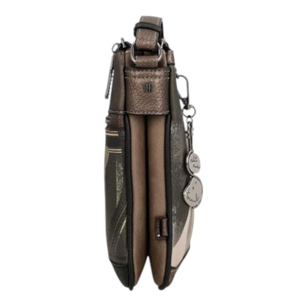 Lieblingstasche cross-body bag in metallic bronze and dark grey with decorative charms, side profile view
