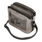 Lieblingstasche cross-body bag in metallic silver and black with textured leather finish and artistic graphic print