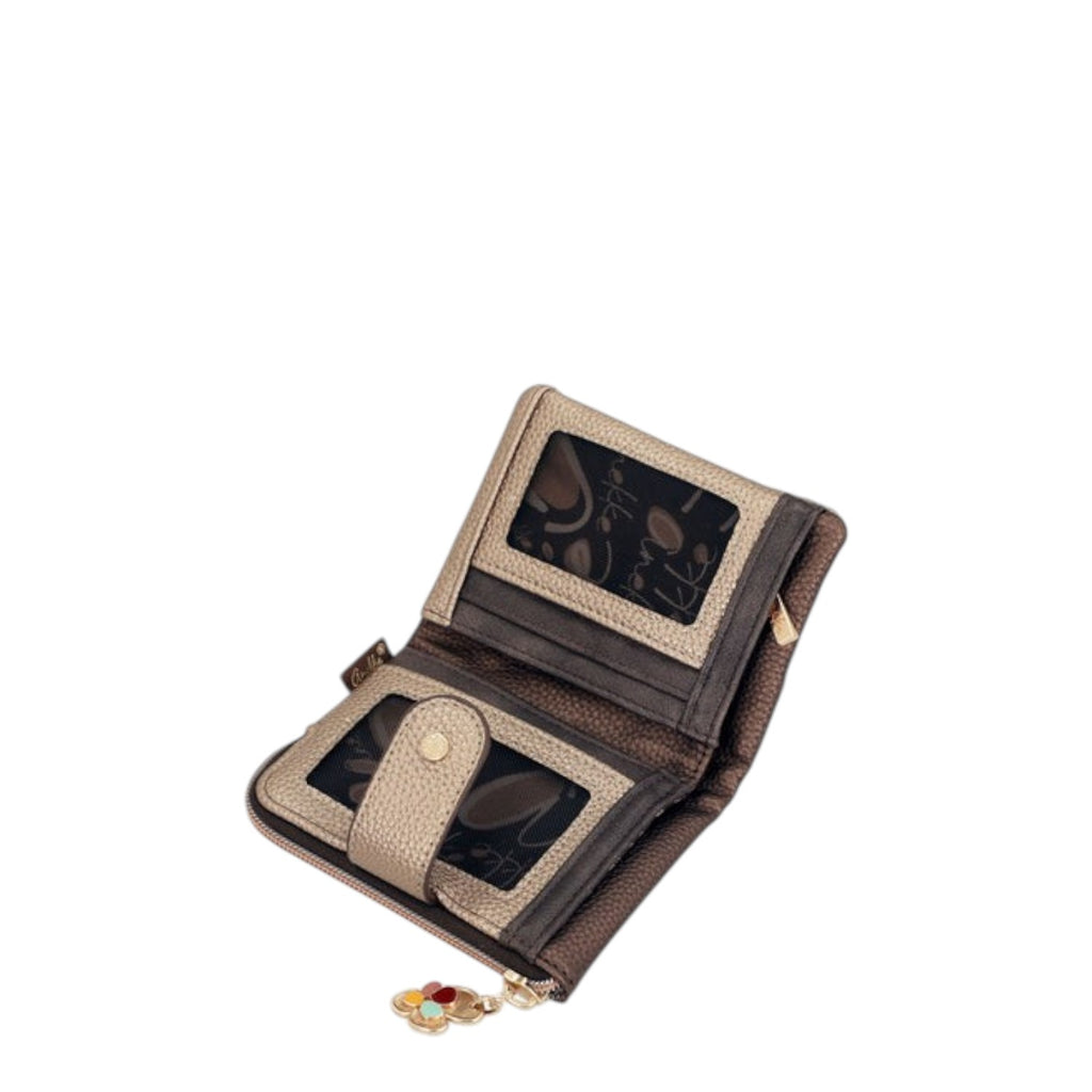 Lieblingstasche metallic gold and brown bi-fold wallet with clear ID windows and a decorative floral zipper pull