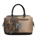 Lieblingstasche short handle bag featuring a mix of metallic gold, brown, and patterned panels with a cat logo patch.