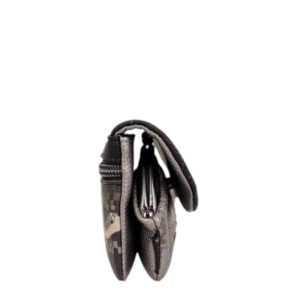 Side view of a Lieblingstasche purse featuring a metallic grey finish, patterned fabric, and a silver clasp closure.
